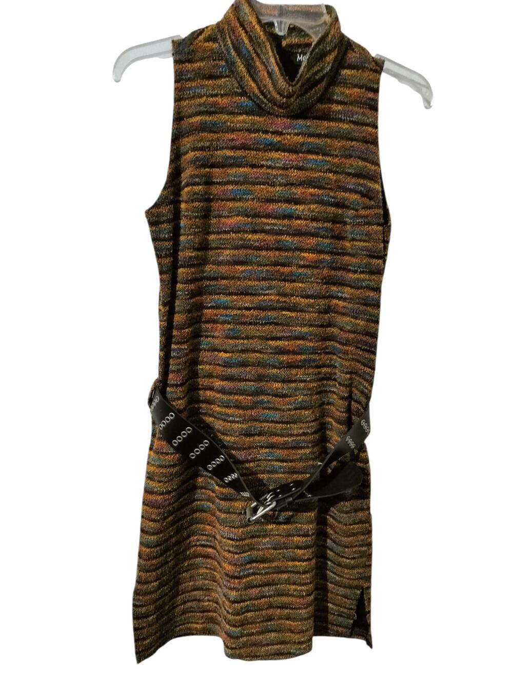 6065)Y2K Mark Farrel M Multiclr Knit Sleeveless Belted Turtleneck Sweater Dress